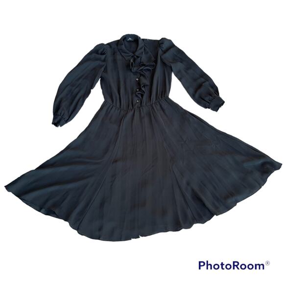 VTG Jeri New York Chiffon Black Sheer Ruffle Button Front Dress Long Sleeve 8 - Picture 8 of 11
